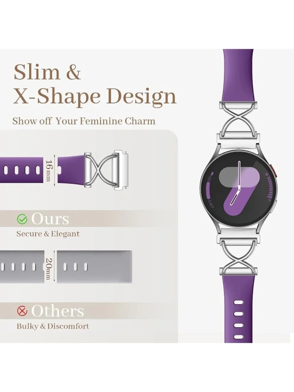 Women's Purple Skinny Charms X-Shaped Soft Slim Silicone Bands Compatible Watch
